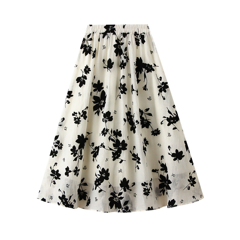 Women's Summer New Maple Leaf Floral A-Line Skirt Mid-Length Temperament Elastic High Waist Skirt