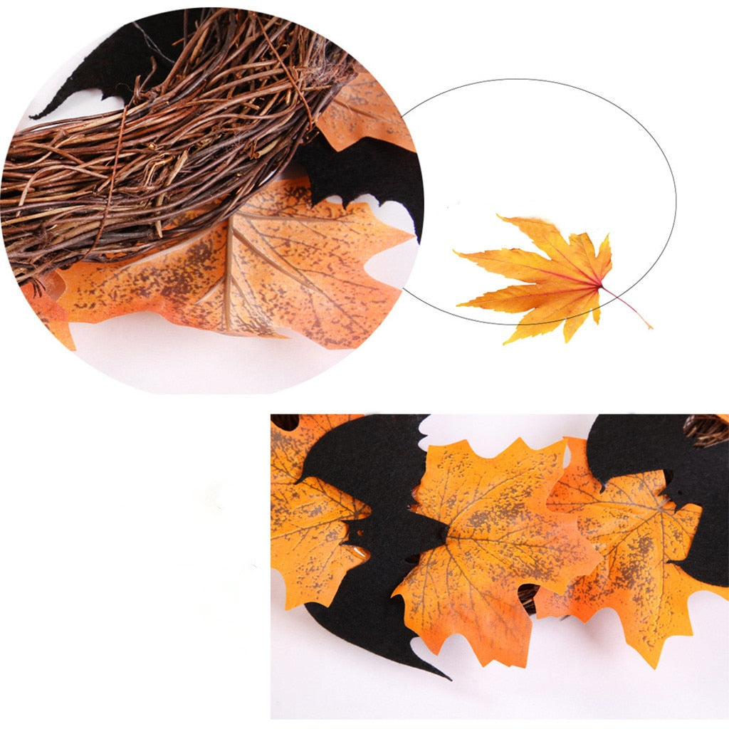 Halloween Decoration Bat Wreath Pendant Window Door Hanging Maple Leaf Wreath For Home Party Festival Hang Realistic Decoration