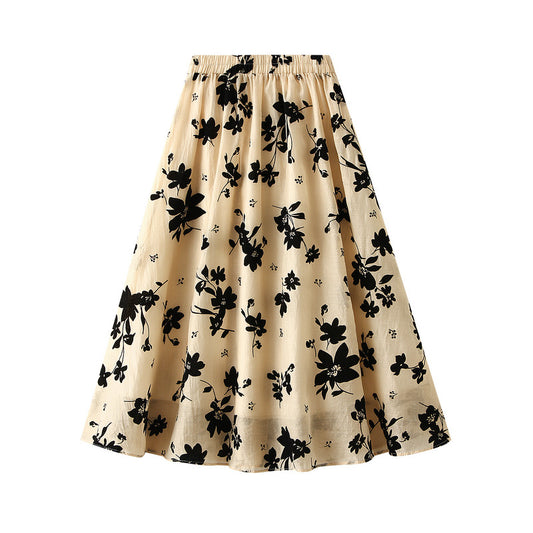 Women's Summer New Maple Leaf Floral A-Line Skirt Mid-Length Temperament Elastic High Waist Skirt