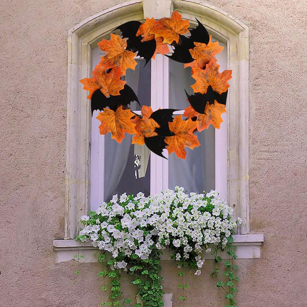 Halloween Decoration Bat Wreath Pendant Window Door Hanging Maple Leaf Wreath For Home Party Festival Hang Realistic Decoration