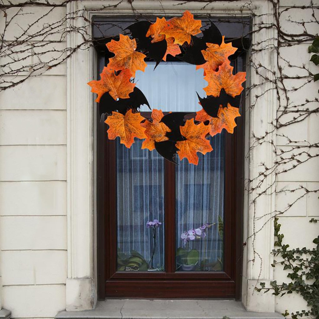 Halloween Decoration Bat Wreath Pendant Window Door Hanging Maple Leaf Wreath For Home Party Festival Hang Realistic Decoration