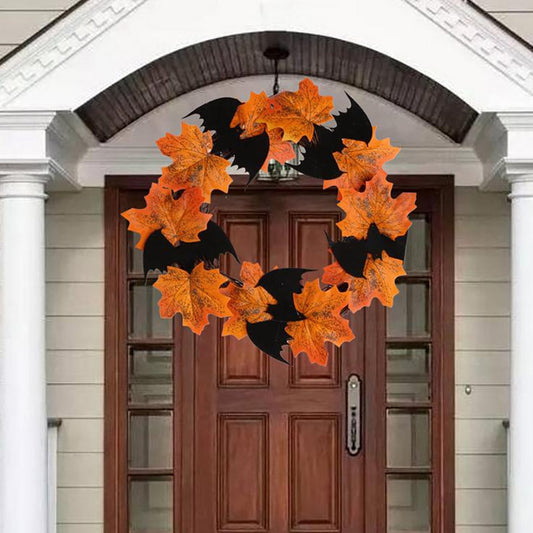 Halloween Decoration Bat Wreath Pendant Window Door Hanging Maple Leaf Wreath For Home Party Festival Hang Realistic Decoration